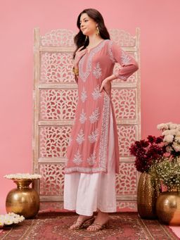 ADA - Embroidered Dusty Pink and White Modal Lucknowi Chikankari Kurta