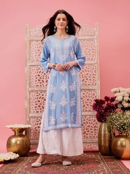 ADA - Embroidered Ink Blue and White Modal Lucknowi Chikankari Kurta