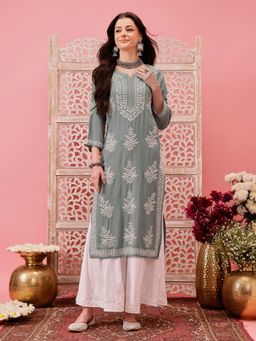ADA - Embroidered Grey and White Modal Lucknowi Chikankari Kurta