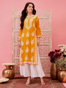 ADA - Embroidered Yellow and White Modal Lucknowi Chikankari Kurta
