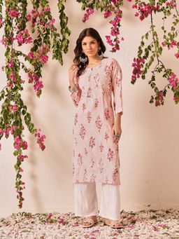 ADA - Embroidered Pink Chanderi Lucknowi Chikankari Kurta