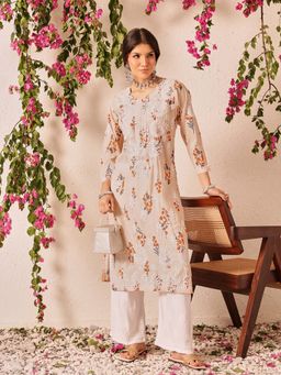 ADA - Embroidered Peach Chanderi Lucknowi Chikankari Kurta