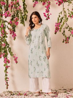ADA - Embroidered Sea Green Chanderi Lucknowi Chikankari Kurta