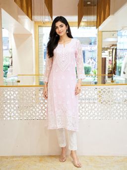 ADA - Embroidered Pink and White Georgette Lucknowi Chikankari Kurta with Slip