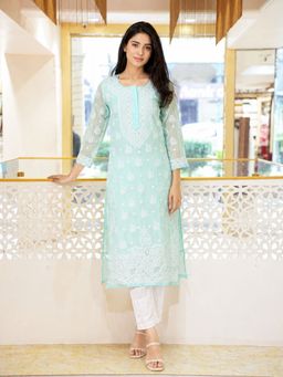ADA - Embroidered Pink and White Georgette Lucknowi Chikankari Kurta with Slip