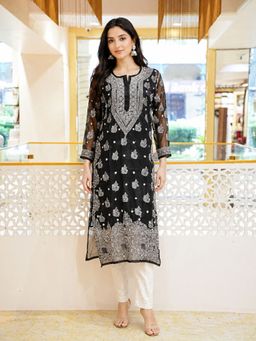 ADA - Embroidered Black and White Georgette Lucknowi Chikankari Kurta with Slip