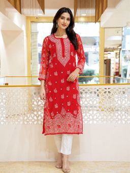 ADA - Embroidered Red and White Georgette Lucknowi Chikankari Kurta with Slip