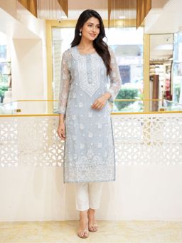 ADA - Embroidered Grey and White Georgette Lucknowi Chikankari Kurta with Slip