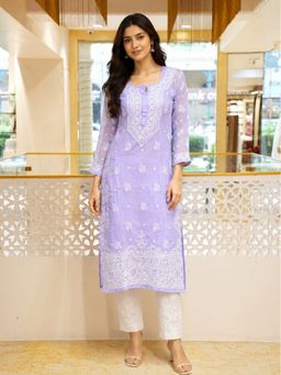 ADA - Embroidered Grey and White Georgette Lucknowi Chikankari Kurta with Slip
