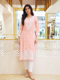 ADA - Embroidered Peach and White Georgette Lucknowi Chikankari Kurta with Slip