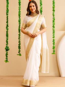 SATRANI - Women's Off White Chiffon Woven Saree