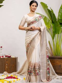 SATRANI - Women's Off-White Silk Printed Woven Border Saree