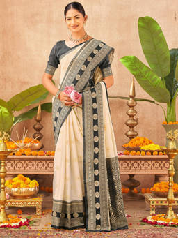 SATRANI - Women's Beige Silk Woven Saree