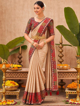 SATRANI - Women's Cream Silk Foil Bandhani Embellished Saree