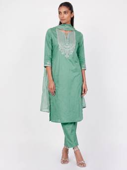 max - Sage Freen A-Line Embroidered Kurta with Pant & Dupatta