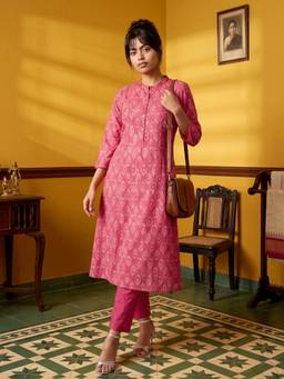 max - Women's Pink Printed Kalidar Kurta and Pant
