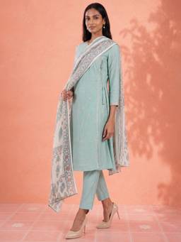 max - Women's Blue Embroidered A-line Kurta with Pant & Dupatta