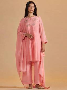 Ganga Fashions - Pink Almond Chanderi Festive Kurta with Palazzo & Dupatta