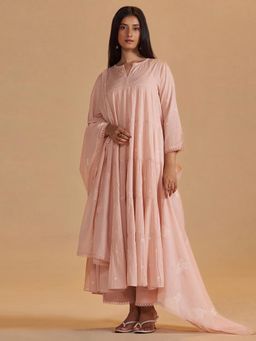 Ganga Fashions - Pink Sand Mul-Mul Anarkali Kurta with Slip, Pant & Dupatta