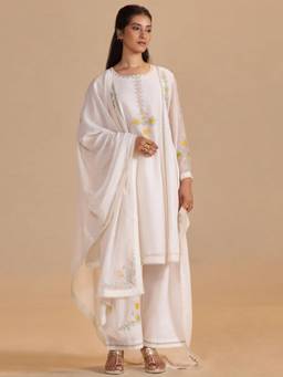 Ganga Fashions - Cream Gardenia Chanderi Festive Kurta with Pant & Dupatta