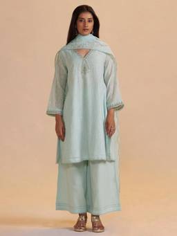 Ganga Fashions - Misty Blue Chanderi Embroidered Kurta with Palazzo & Dupatta