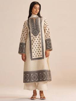 Ganga Fashions - Butter Cream Embroidered Kurta with Palazzo & Dupatta