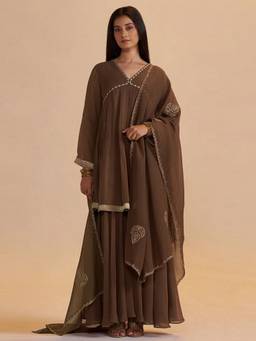 Ganga Fashions - Husk Brown Embroidered Kurta with Sharara & Dupatta
