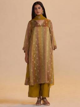 Ganga Fashions - Multi-Color Zari Kurta with Palazzo & Dupatta