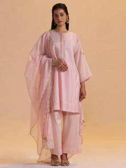 Ganga Fashions - Rose Quartz Silk Festive Kurta with Palazzo & Dupatta
