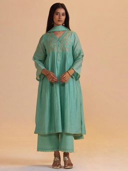 Ganga Fashions - Dusty Jade Green Silk Kurta with Palazzo & Dupatta