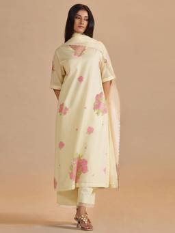 Ganga Fashions - Butter Yellow Mul-Chanderi Kurta with Palazzo & Dupatta