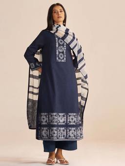 Ganga Fashions - Denim Blue Printed Kurta with Palazzo & Dupatta