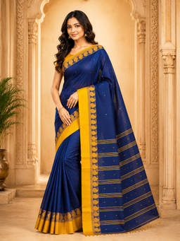 LAA CALCUTTA - Blue and Yellow pure cotton taant Saree