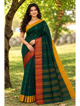 LAA CALCUTTA - Green and Multi pure cotton taant Saree