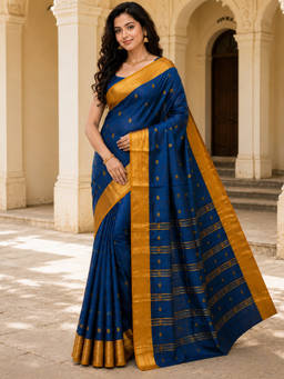 LAA CALCUTTA - Blue and Yellow pure cotton taant Saree