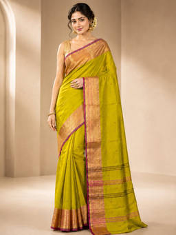 LAA CALCUTTA - Green and Gold pure cotton taant Saree
