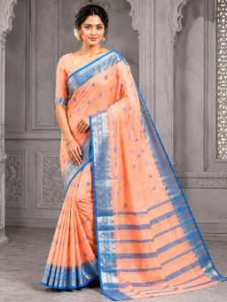 LAA CALCUTTA - Peach and Blue pure cotton taant Saree