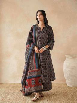 GOODHAND - Women's Black Cotton Printed A-Line Geet Kurta with Palazzo & Dupatta