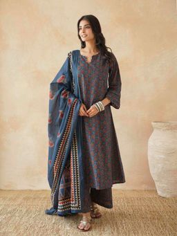 GOODHAND - Women's Blue Cotton Printed A-Line Geet Kurta with Palazzo & Dupatta