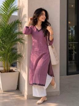 Surhi - Mauve Cotton Printed Embroidered Kurta