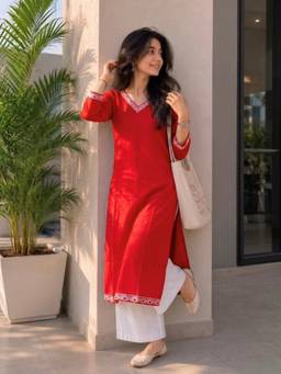 Surhi - Red Cotton Printed Embroidered Kurta