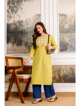 Surhi - Yellow Cotton Floral Printed Embroidered Kurta