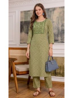 Surhi - Green Cotton Floral Printed Embroidered Kurta