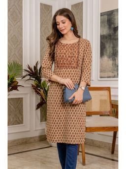 Surhi - Orange Cotton Floral Printed Embroidered Kurta