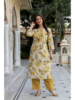 Surhi - Yellow Cotton Floral Printed Embroidered Kurta