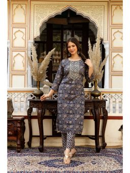 Surhi - Blue Cotton Printed Embroidered Kurta
