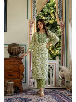 Surhi - Green Cotton Printed Embroidered Kurta
