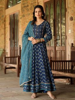 AMIRAS - Blue Floral Printed Gotta Patti Anarkali Dress with Dupatta