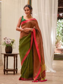Suta - Women's Umang Green and Rust Dual-Tone Cotton Tissue Saree