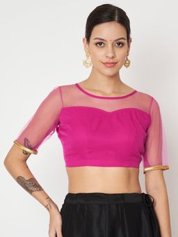 Studio Rasa - Pink Net Solid Readymade Blouse